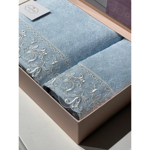 Подарочный набор полотенец для ванной 2 пр. Tivolyo Home BLANCO хлопковая махра голубой, фото, фотография