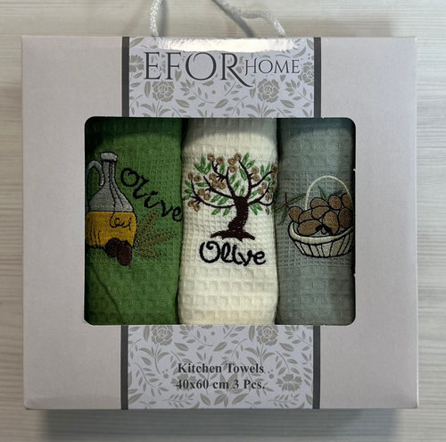 Подарочный набор кухонных полотенец 40х60(3) Efor HOME хлопковая вафля оливки, фото, фотография