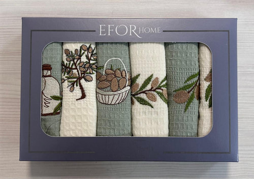 Подарочный набор кухонных полотенец 40х60(6) Efor HOME хлопковая вафля оливки, фото, фотография