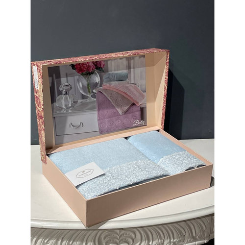 Подарочный набор полотенец для ванной 2 пр. Tivolyo Home PEROLA хлопковая махра голубой, фото, фотография