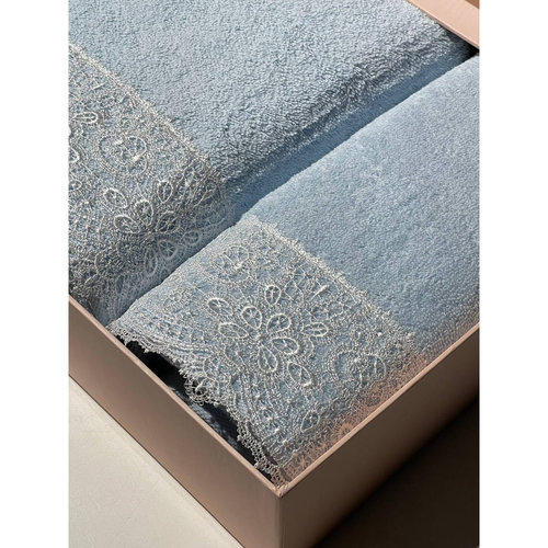 Подарочный набор полотенец для ванной 2 пр. Tivolyo Home PEROLA хлопковая махра голубой, фото, фотография