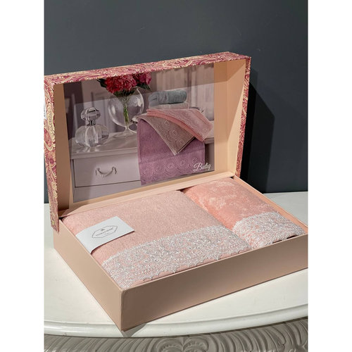 Подарочный набор полотенец для ванной 2 пр. Tivolyo Home PEROLA хлопковая махра розовый, фото, фотография