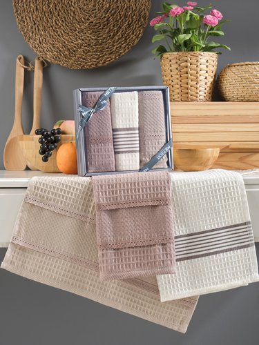 Подарочный набор полотенец для кухни 40х60(3) Meteor ARNICA хлопковая вафля бежевый, фото, фотография