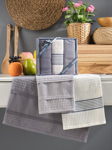 Подарочный набор полотенец для кухни 40х60(3) Meteor ARNICA хлопковая вафля серый, фото, фотография