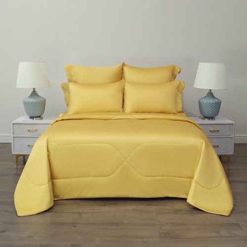 Постельное белье без пододеяльника с одеялом Sofi De Marko PREMIUM MAKO хлопковый сатин горчичный евро, фото, фотография