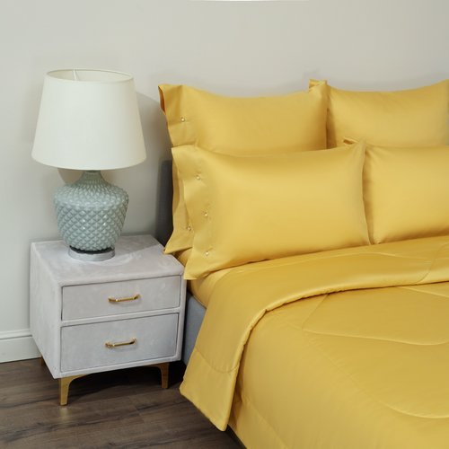 Постельное белье без пододеяльника с одеялом Sofi De Marko PREMIUM MAKO хлопковый сатин горчичный евро, фото, фотография
