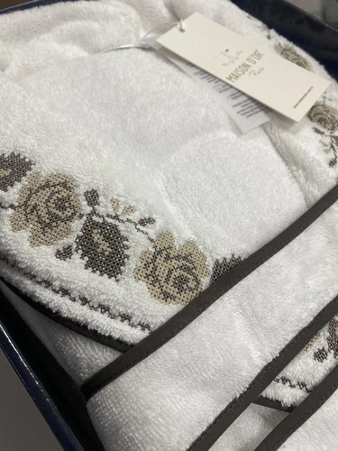 Халат женский с тапочками Maison Dor ROSANNA хлопковая махра белый+коричневый M, фото, фотография