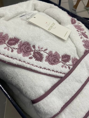 Халат женский с тапочками Maison Dor ROSANNA хлопковая махра белый+лиловый L, фото, фотография