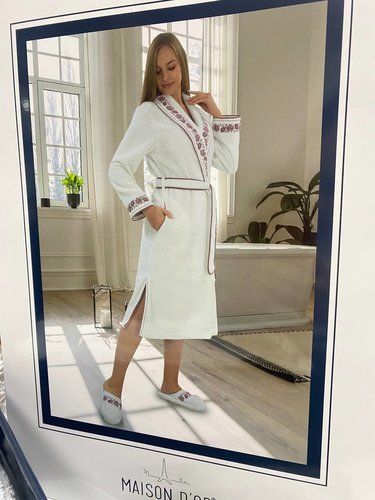 Халат женский с тапочками Maison Dor ROSANNA хлопковая махра белый+лиловый L, фото, фотография