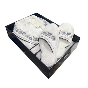 Халат женский с тапочками Maison Dor ROSANNA хлопковая махра белый+антрацит L