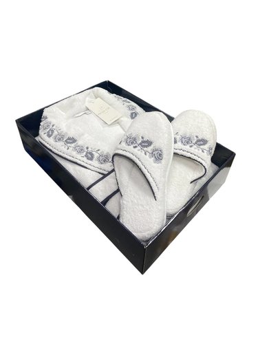 Халат женский с тапочками Maison Dor ROSANNA хлопковая махра белый+антрацит S, фото, фотография