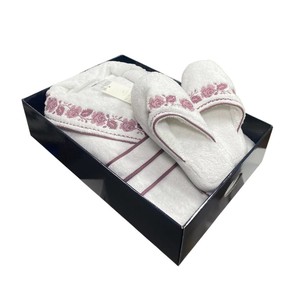 Халат женский с тапочками Maison Dor ROSANNA хлопковая махра белый+лиловый L