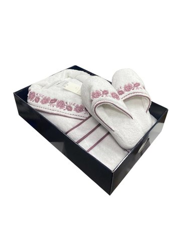 Халат женский с тапочками Maison Dor ROSANNA хлопковая махра белый+лиловый L, фото, фотография