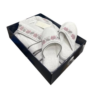 Халат женский с тапочками Maison Dor ROSANNA хлопковая махра белый+серый M