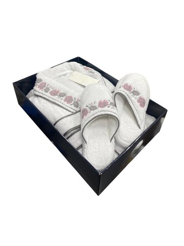 Халат женский с тапочками Maison Dor ROSANNA хлопковая махра белый+серый S, фото, фотография