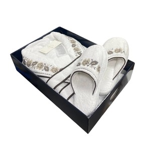 Халат женский с тапочками Maison Dor ROSANNA хлопковая махра белый+коричневый L