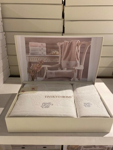 Подарочный набор полотенец для ванной 2 пр. Tivolyo Home JULIET хлопковая махра кремовый, фото, фотография