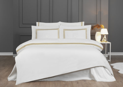 Постельное белье Tivolyo Home LINE хлопковый люкс-сатин кремовый+золотой евро, фото, фотография