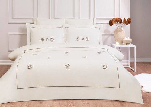Постельное белье Tivolyo Home LOTUS хлопковый люкс-сатин кремовый+коричневый евро, фото, фотография