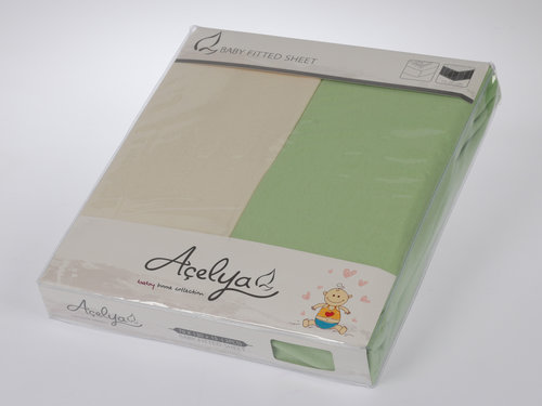 Набор простыней трикотажных Acelya кремовый+зелёный 70 х 130 + 15 см 2 шт., фото, фотография