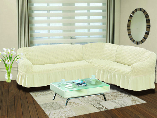 Чехол на диван угловой правосторонний 2+3 Bulsan кремовый, фото, фотография