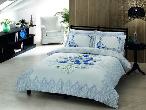 Постельное белье TAC SATIN DELUX CAROL бело-голубой 1,5 спальный, фото, фотография