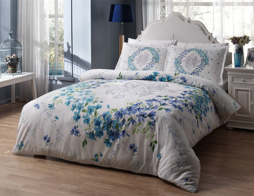 Постельное белье TAC SATIN DELUX SONORA бело-голубой 1,5 спальный, фото, фотография