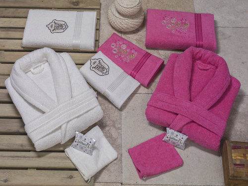 Набор халатов с полотенцами Nurpak BIOFLORES кремовый-брусничный 48-52, фото, фотография