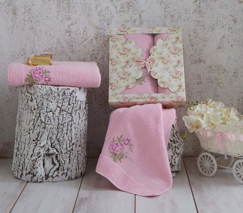 Набор полотенец Karna ROMANS розовый 50х90 70х140, фото, фотография