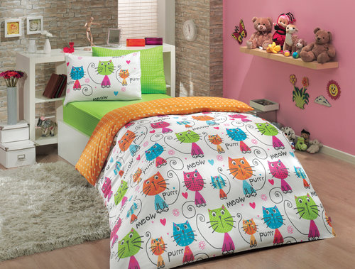 Детское постельное белье Hobby Home Collection MEOW хлопковый поплин оранжевый 1,5 спальный, фото, фотография