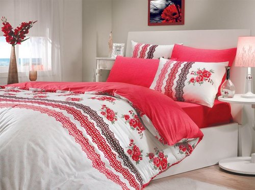 Постельное белье Hobby Home Collection CAMILA хлопковый ранфорс красный 1,5 спальный, фото, фотография
