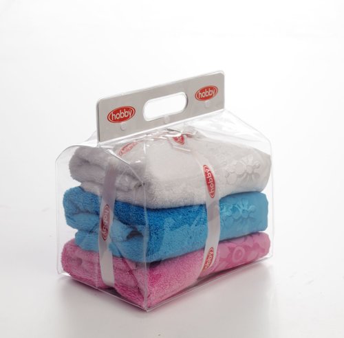 Подарочный набор полотенец для ванной 3пр. Hobby Home Collection DORA хлопковая махра белый, розовый, бирюзовый 50х90(3), фото, фотография
