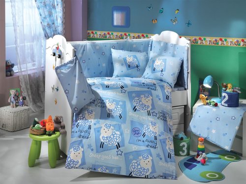 Набор в детскую кроватку для новорожденных Hobby LITTLE SHEEP синий ясли, фото, фотография