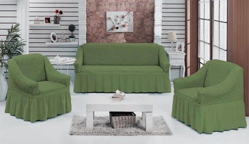 Набор чехлов на трёхместный диван и кресла 2 шт. Bulsan BURUMCUK зелёный, фото, фотография