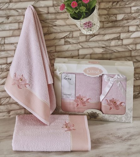 Набор полотенец Karna SPRAY хлопковая махра светло-розовый 50х90 70х140, фото, фотография