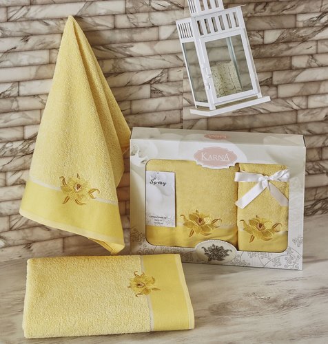 Набор полотенец Karna SPRAY хлопковая махра светло-жёлтый 50х90 70х140, фото, фотография