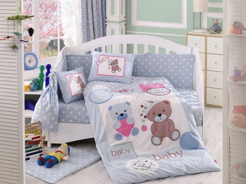 Набор в детскую кроватку для новорожденных Hobby PONPON поплин голубой ясли, фото, фотография