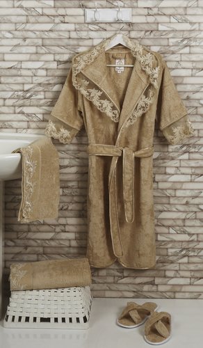 Набор из халата, полотенец, тапочек Altinbasak MARGARETE EXC махра бамбук бежевый M, фото, фотография