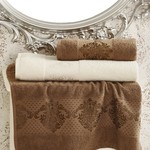 Набор полотенец банных Karna DORA 3 пр. махра хлопок кремовый+коричневый 50х90 2 шт. 70х140, фото, фотография