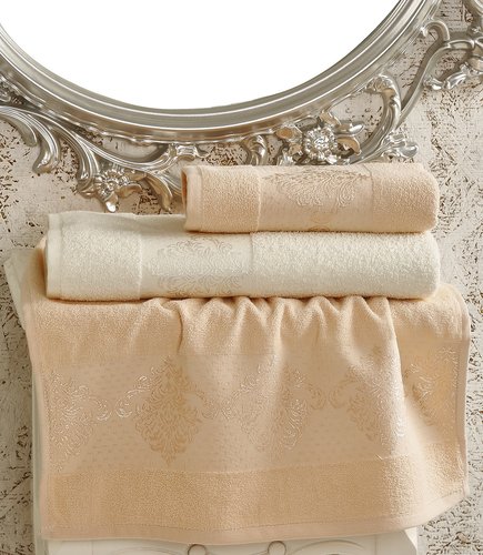 Набор полотенец банных Karna DORA 3 пр. махра хлопок кремовый+абрикосовый 50х90 2 шт. 70х140, фото, фотография