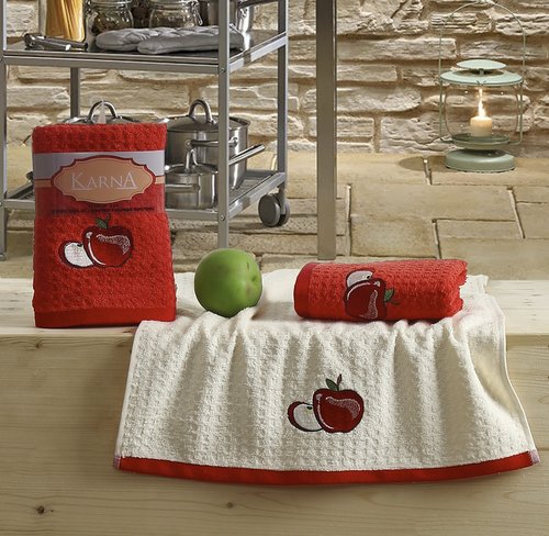 Набор полотенец Karna LEMON вафля хлопок красный V1 45х65 2 шт., фото, фотография