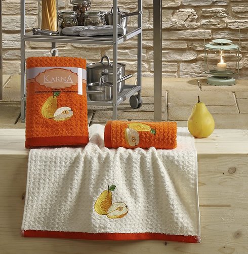 Набор полотенец Karna LEMON вафля хлопок оранжевый V3 45х65 2 шт., фото, фотография