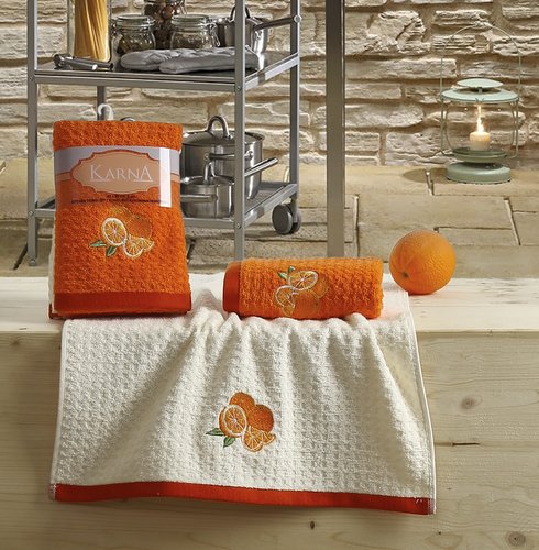 Набор полотенец Karna LEMON вафля хлопок оранжевый V1 45х65 2 шт., фото, фотография