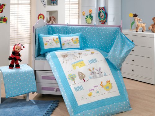 Набор в детскую кроватку Hobby Home Collection ZOO хлопковый поплин голубой, фото, фотография