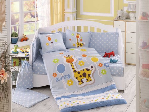 Набор в детскую кроватку для новорожденных Hobby PUFFY поплин хлопок голубой, фото, фотография