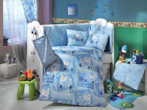 Постельное белье для новорожденных с покрывалом Hobby Home Collection LITTLE SHEEP хлопковый поплин голубой, фото, фотография