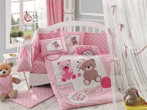 Постельное белье для новорожденных с покрывалом Hobby Home Collection PONPON хлопковый поплин розовый, фото, фотография