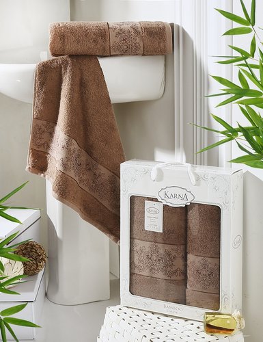 Набор полотенец банных в подарочной упаковке 50х90, 70х140 Karna PANDORA махра бамбук коричневый, фото, фотография