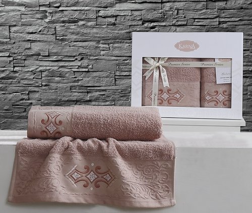 Набор полотенец банных в подарочной упаковке 50х90, 70х140 Karna GALATA махра хлопок грязно-розовый, фото, фотография