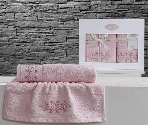 Набор полотенец банных в подарочной упаковке 50х90, 70х140 Karna GALATA махра хлопок розовый, фото, фотография